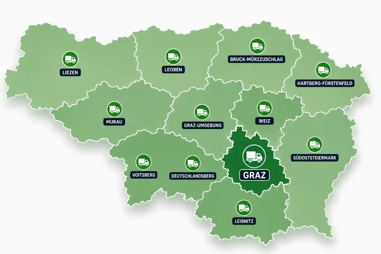 Karte der Steiermark – Einsatzgebiet für Möbelentsorgung in Graz & allen Bezirken